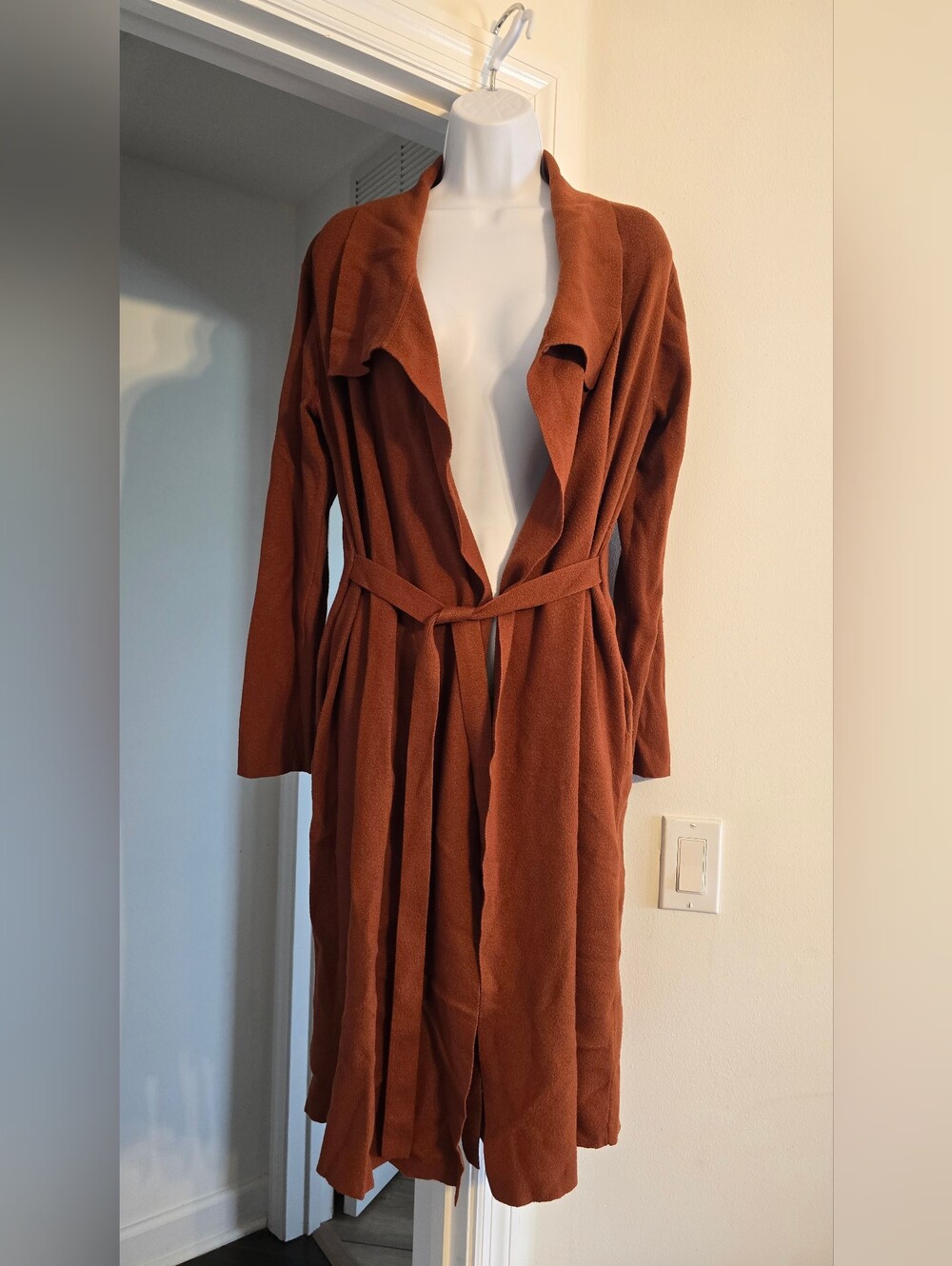 Magaschoni Womens Rust-Brown Open-Front Belted Cardigan Duster - Picture 2 of 7